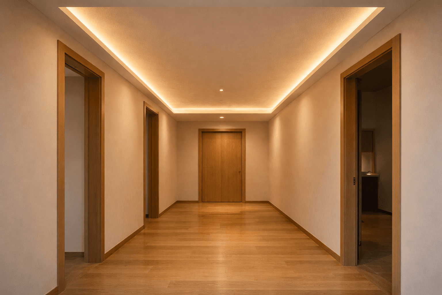 Éclairage indirect par ruban LED intégré dans une gorge périphérique de plafond